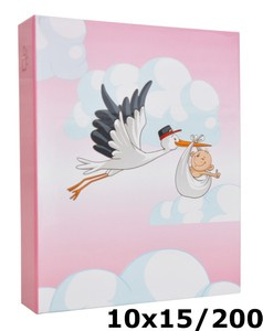 Album na 200 zdjęć do wsuwania w rozmiarze 10x15 cm - 10x15/200 STORK  - klejony - Różowo-biały - dziecięcy - bocian